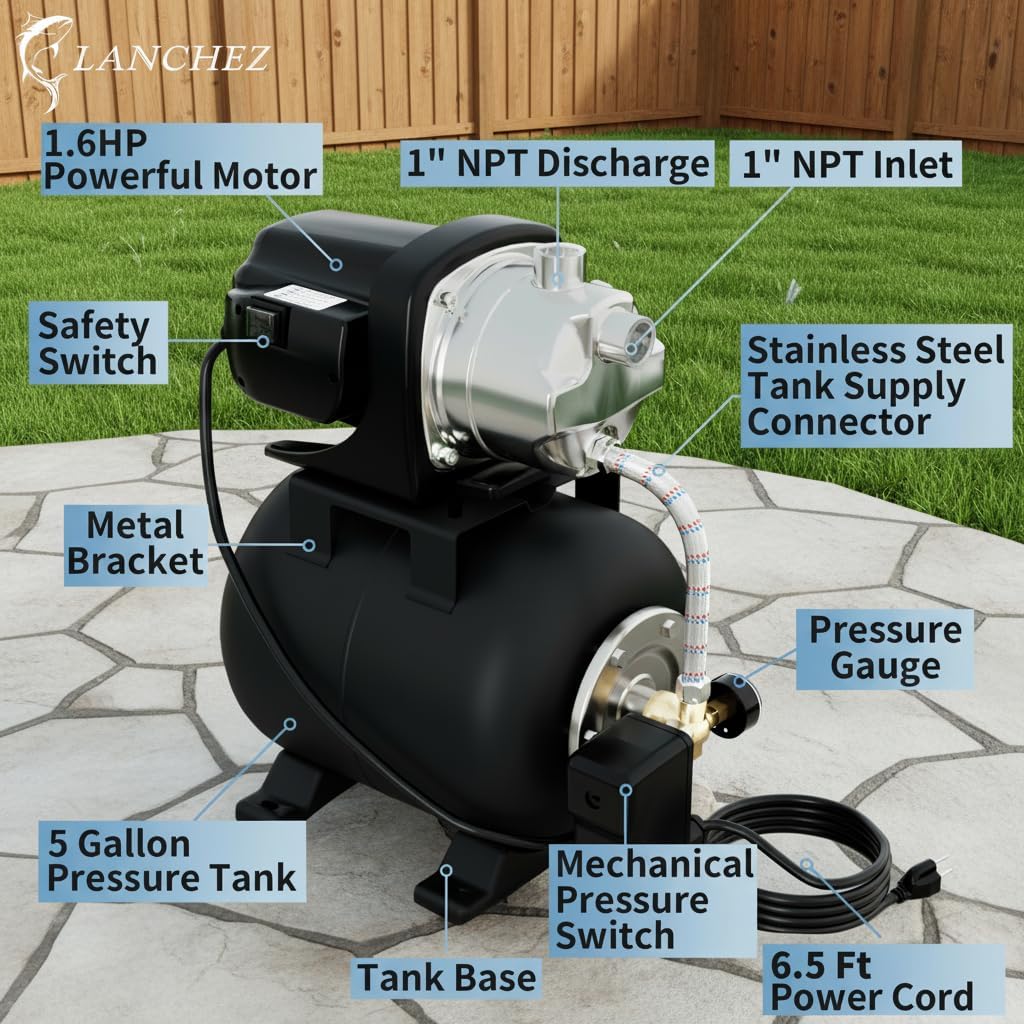 LANCHEZ 1.6HP Shallow Well Pump with Pressure Tank, 115V 1340GPH Automatic Irrigation Water Booster Jet Pump, Stainless Steel Water Transfer Pump for Home Garden Lawn Sprinkler Irrigation, Matte