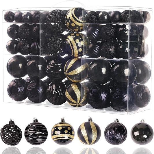 100PCS Christmas Ball Ornaments, Assorted Shatterproof Christmas Tree Decorations, Seasonal Decorative Hanging Baubles Decor Set for Xmas/Holiday/Party, Glitter&Painting Ornament Set (Black Gold)