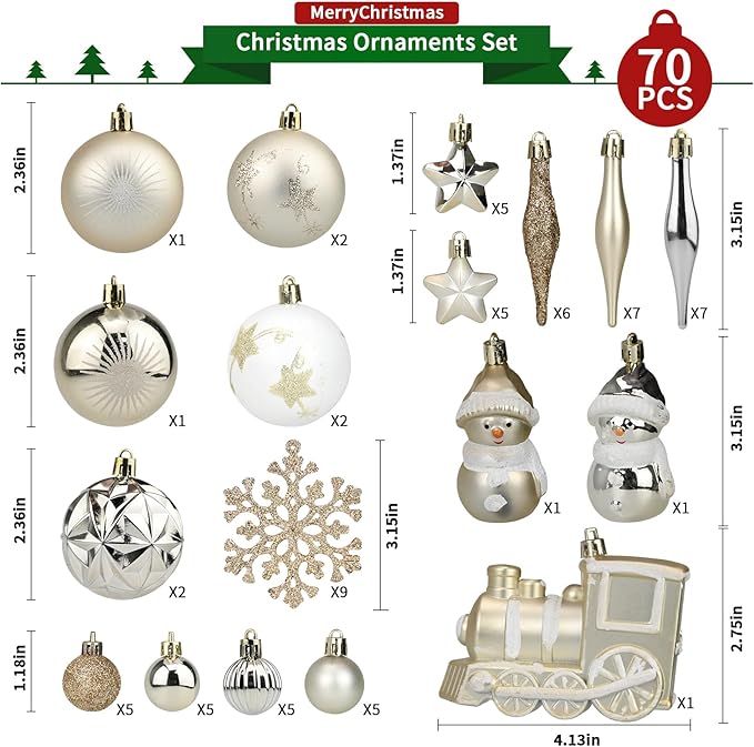 70 Pcs Christmas Ball Ornaments Set，Shatterproof Gold Ornaments for Xmas Tree，Christmas Ball Tree Hanging Ornaments for Christmas Decoration (Gold)