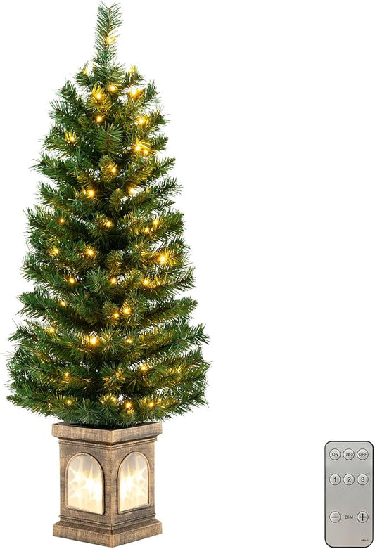 HAPPYGRILL 4 FT Artificial Xmas Tree, Christmas Entrance Tree with 160 Branch Tips & 100 LED Lights, Cement-Filled Base, 3 Lighting Modes, Remote Control