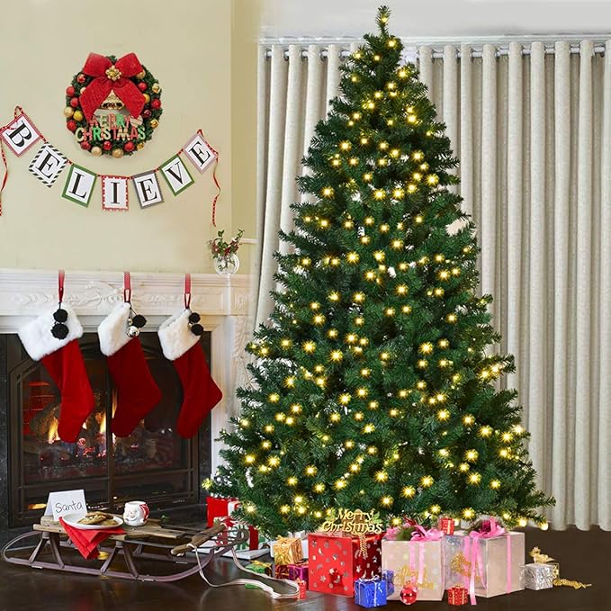 HAPPYGRILL 8FT Pre-lit Christmas Tree Artificial Hinged Xmas Tree for Home Holiday Décor, Metal Stand PVC Material 430 LED Lights, 1438 Branches Easy Setup & Storage