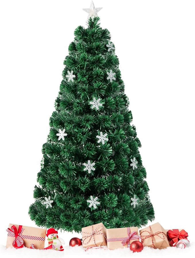 Goplus 5ft Pre-Lit Fiber Optic Christmas Tree, Artificial Xmas Full Tree with Colorful Snowflake LED Lights, 170 Branch Tips, Foldable Metal Base, for Office Home Holiday Decor