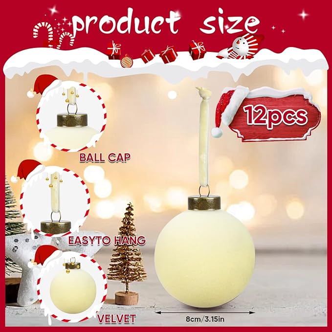12 Pcs Velvet Christmas Balls Bulk Shatterproof Plastic Christmas Tree Decorations for Decorative Hanging Baubles (12, Beige, 3.15Inch)