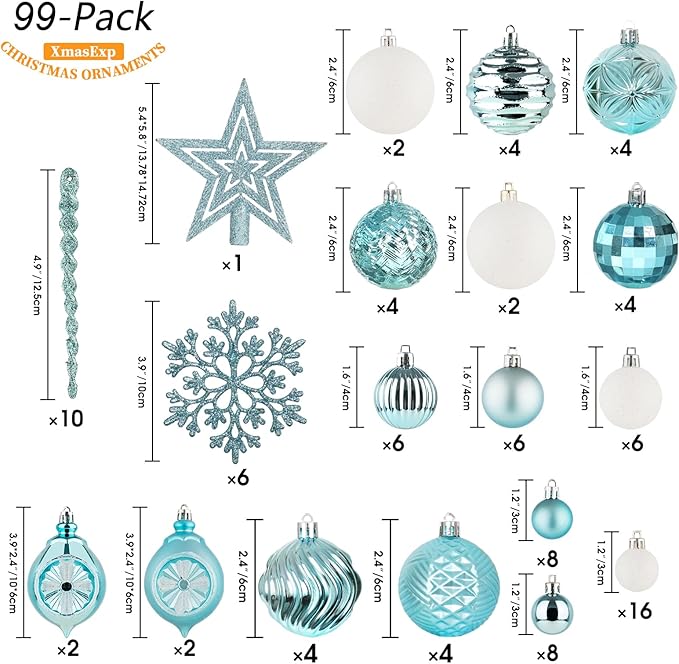XmasExp 99-Pack Christmas Ball Ornaments Assorted Shatterproof Christmas Tree Decorations with Hand-held Gift Package for Xmas Tree,Home,Party (Light Blue)