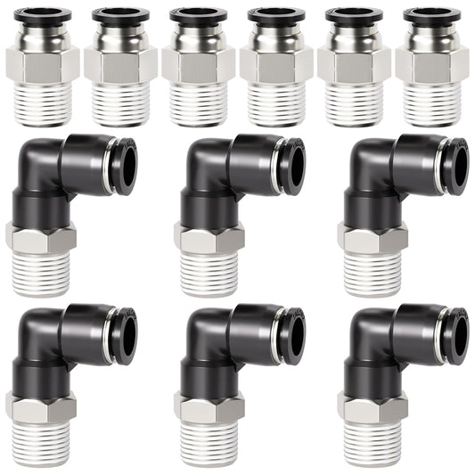 TAILONZ PNEUMATIC Elbow and Straight Combination 6MM Tube OD x 1/8 Inch NPT Thread Push to Connect Fittings PC6-N1+PL6-N1(Pack of 12)
