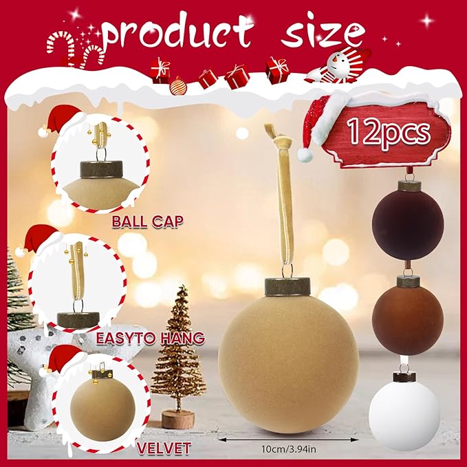 12 Pcs Velvet Christmas Balls Bulk Shatterproof Plastic Christmas Tree Decorations for Decorative Hanging Baubles (12, White、Khaki、Brown、Coffee, 3.94Inch)