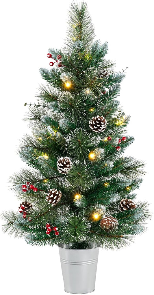 HAPPYGRILL 3 FT Artificial Entrance Christmas Tree, Small Tabletop Xmas Tree w/81 Branch Tips, Eucalyptus Leaves, Pine Needles, Pine Cones, Red Berries, 20 LED Lights, Timer, 8 Lighting Modes