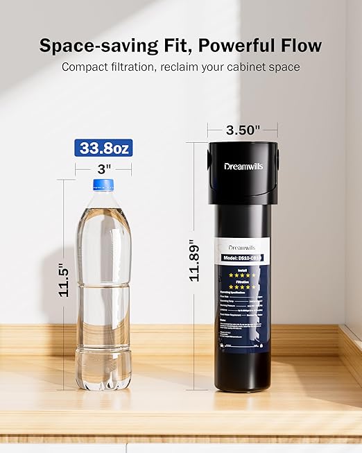 Dreamwills DS10 Under Sink Water Filter System, 1.3 GPM Direct Connect Kitchen Faucet Filtration, 3-Minute Tool-Free Install, Reduces Lead, Chlorine, Bad Taste, Retains Minerals, 1 Year
