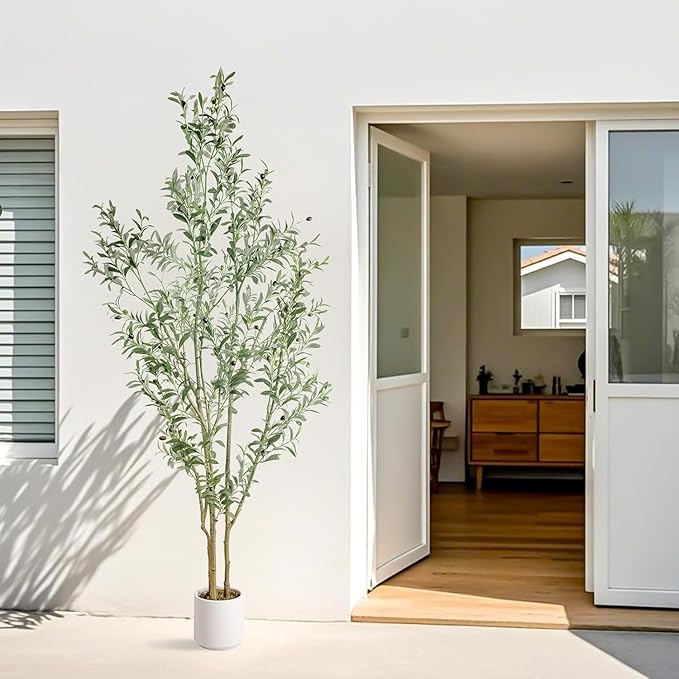 Artificial Fake Olive Tree 7FT Tall 1Pack with White Planter Faux Silk Olive Tree for Home Living Room Office Decor Faux Artificial Plants Indoor with Fruit & Free Moss