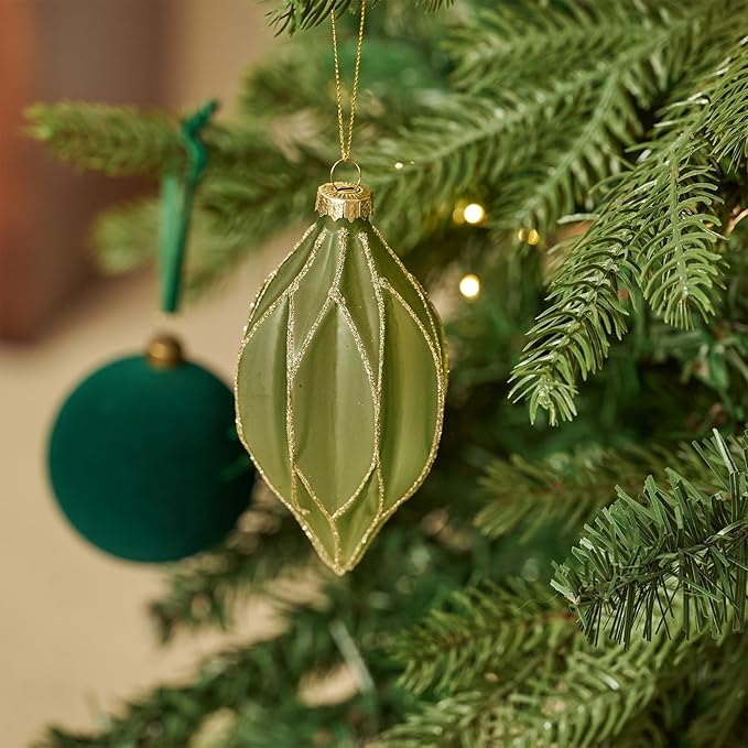 WDS WONDROUS Christmas Ball Ornaments, Vintage Ball & Teardrop Xmas Tree Ornament Set, Hanging Assorted Glass Balls for Holiday Home Party Decor (9Pcs, Sage Green & Gold Line)