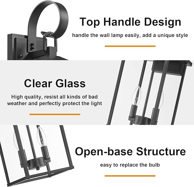 Large Outdoor Wall Lights Fixtures Wall Mount, 21.65" Large Outdoor Lanterns for Porch Light Fixture 2-Light, Modern Exterior Lighting Fixtures with Clear Glass for Outside Patio House