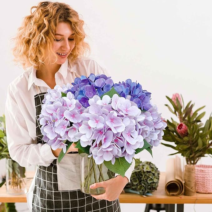 6pcs 23 inch Mix Purple Hydrangea Artificial Flowers，Real Touch Latex Hydrangea Flowers Realistic Table Centerpiece - Purple