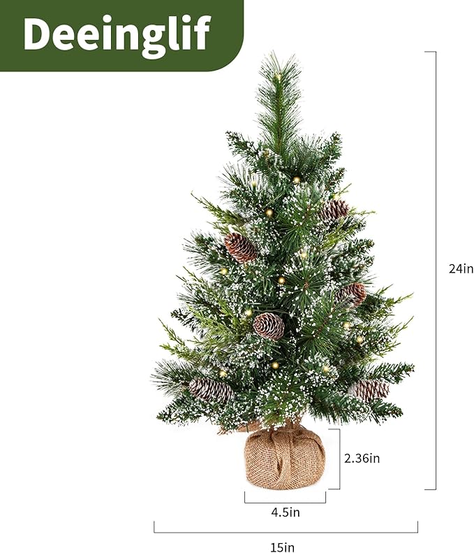 deeinglif 2ft Mini Christmas Trees 24" with LED Lights and Pine,Tabletop Branches Cones and Cloth Bag Base Home Party Dining Room Window Decoration for Christmas