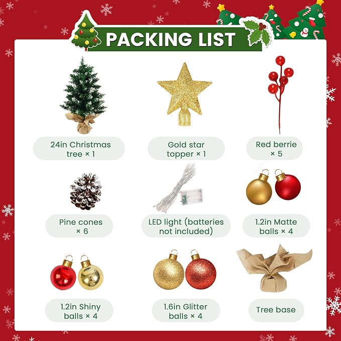 Mini Christmas Tree with Lights, 24 Inch Tabletop Christmas Tree with Berries Star Treetop Ornaments Balls Artificial Small XMS Tree for Table Desk Home Christmas Holiday Decor