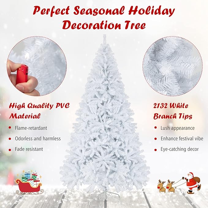 HAPPYGRILL 9 Feet White Artificial Christmas Tree with 2132 PVC Branch Tips Unlit Hinged Xmas Pine Tree with Sturdy Metal Base, Artificial Pine Tree for Indoor Outdoor Decor