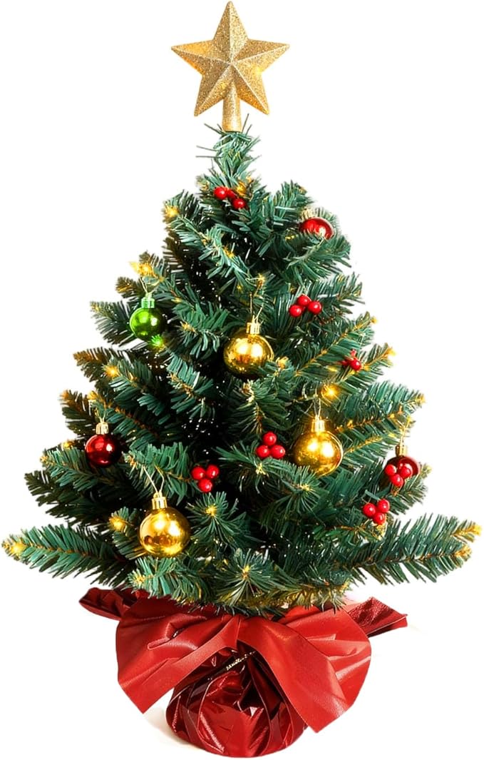 24 Inch Tabletop Christmas Tree, Artificial Mini Xmas Pine Tree with LED String Lights and Ornaments,Christmas Decoration Tree Decor-Red