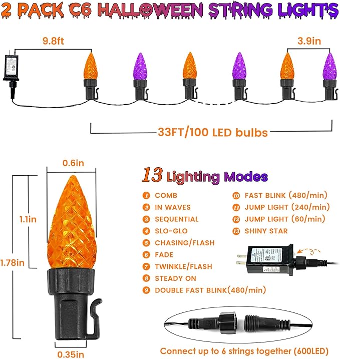 2 Pack C6 Halloween Lights Outdoor Indoor, Total 200 LED 66 FT Connectable Halloween String Lights with Timer & 13 Modes, Waterproof Twinkle Light for Tree Horror Party Decorations (Orange and Purple)