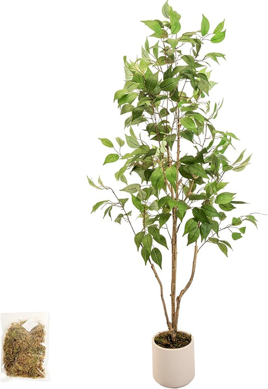 Artificial Fake Ficus Tree 5FT Tall 1Pack with White Planter & Free Moss, Artificial Plants Indoor, Artificial Trees for Home Decor Indoor, Faux Ficus Tree