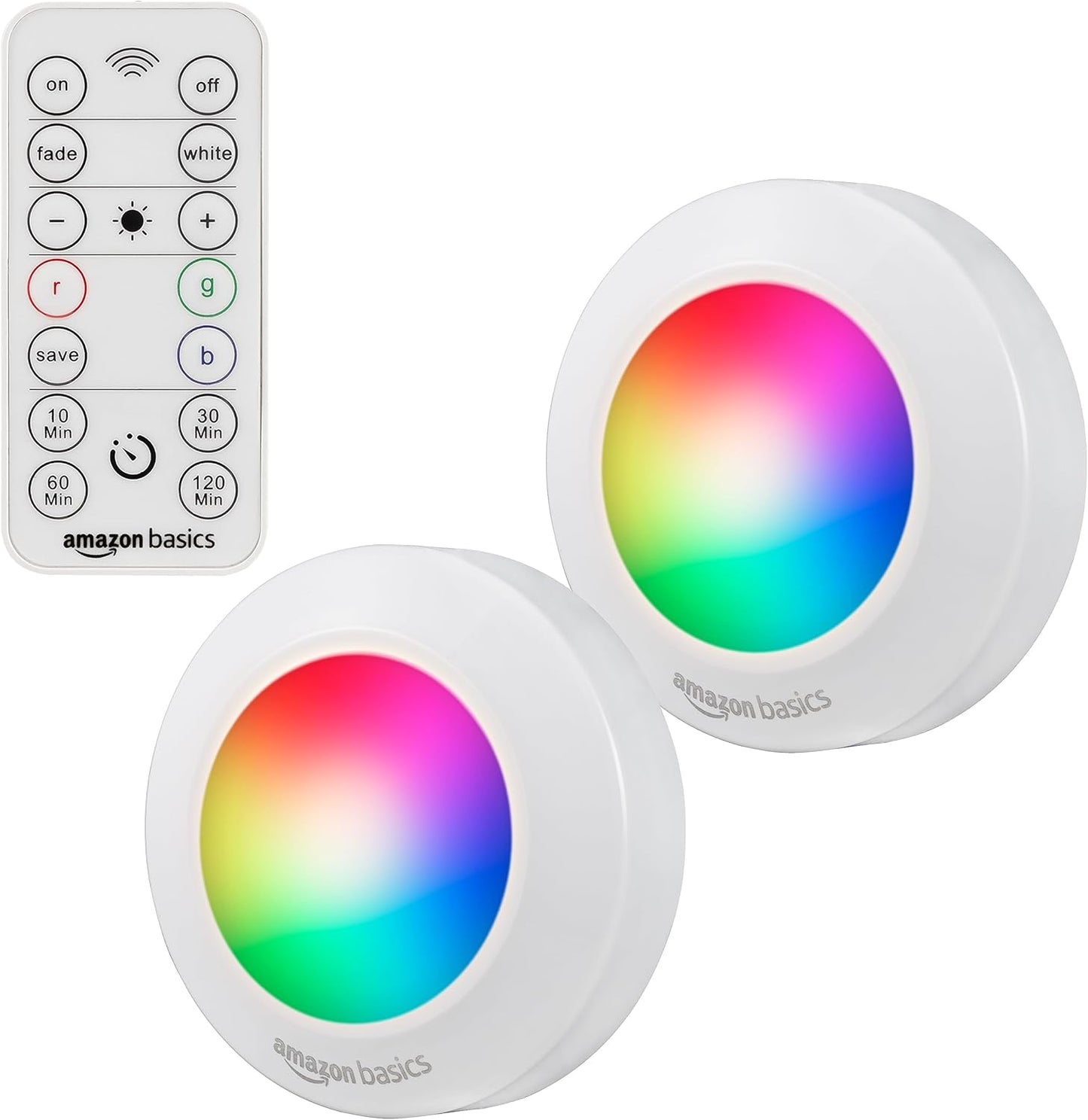 Amazon Basics LED Puck Lights, Color Changing, Battery Operated, IR Remote, 40 Lumens, 2 Pack, Wireless Stick on Lights, Under Cabinet Lighting, Ideal for Closets, and More, White