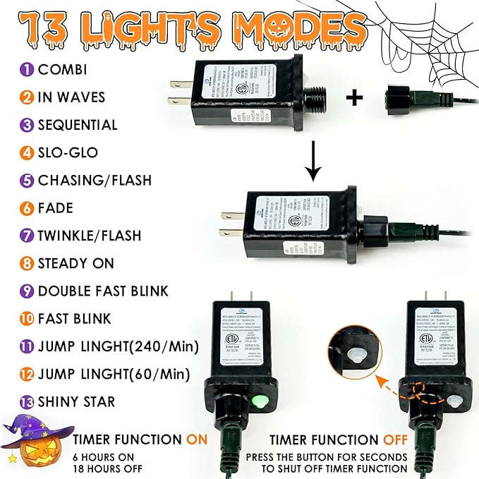 Connectable Purple and Green Halloween Lights, 2Pack 164ft 400LED 13 Modes String Lights Plug in, Twinkle Light with Timer Indoor/Outdoor for Tree Halloween Decorations Party