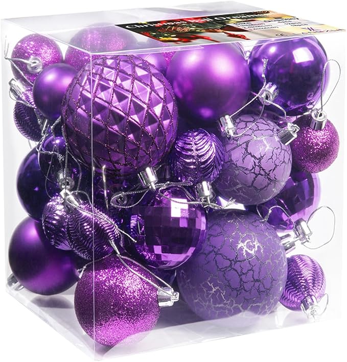 LANGXUN 36pcs Purple Christmas Tree Decorations Balls, Bolas De Navidad, 2025 Christmas Decor, Indoor Outdoor Shatterproof Christmas Ornaments, Xmars Party Wedding Suppiles