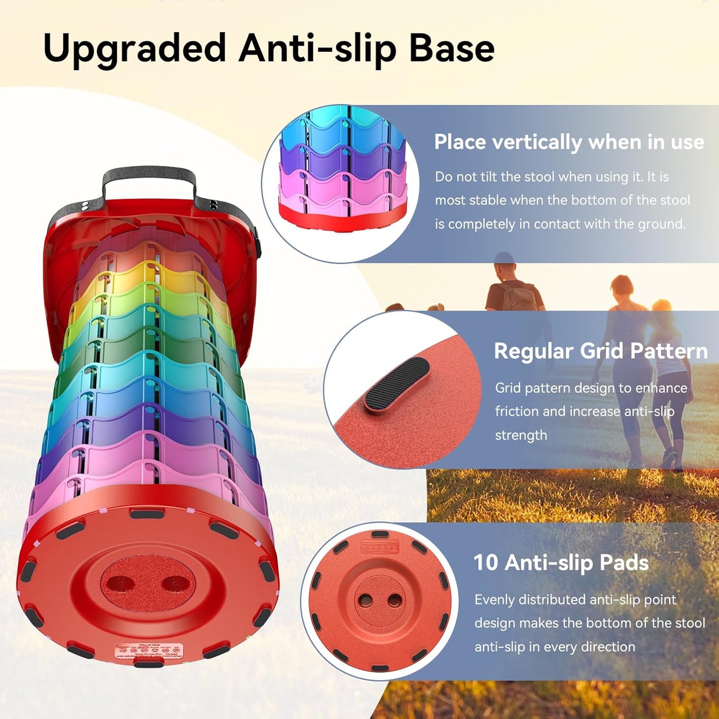 Upgraded Collapsible Stool, Portable Folding Stool, Telescoping Camping Chair with Max Load Capacity 485lbs, Square Retractable Stool for Camping Gardening Fishing Hiking BBQ [Rainbow+Red]