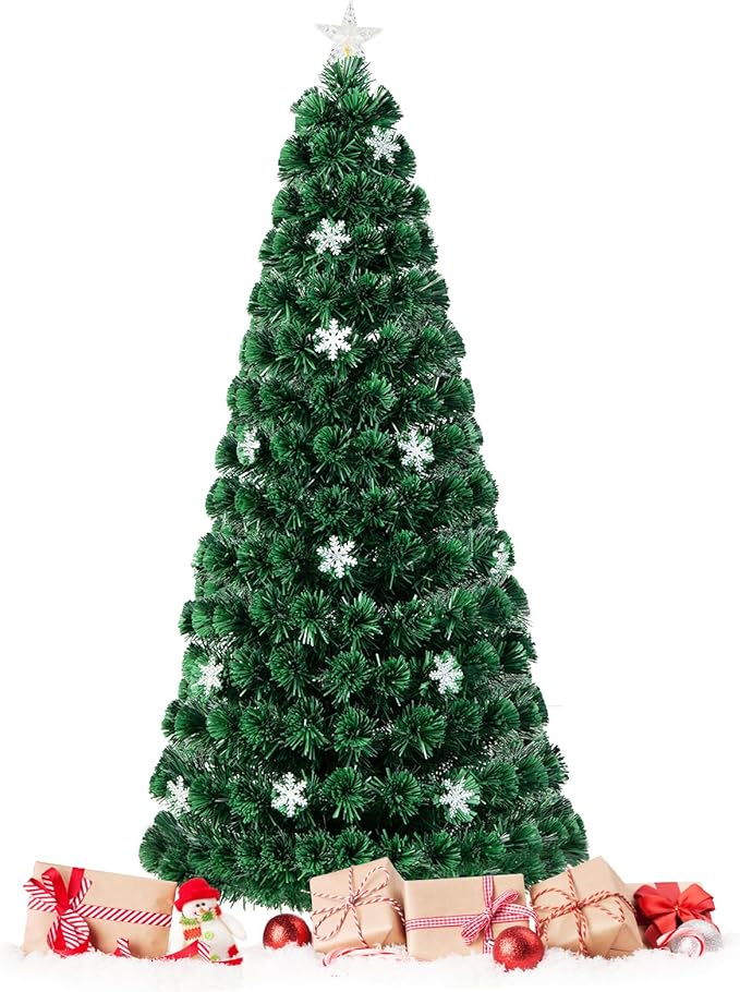 Goplus 6ft Pre-Lit Fiber Optic Christmas Tree, Artificial Xmas Full Tree with Colorful Snowflake LED Lights, 220 Branch Tips, Foldable Metal Base, for Office Home Holiday Decor