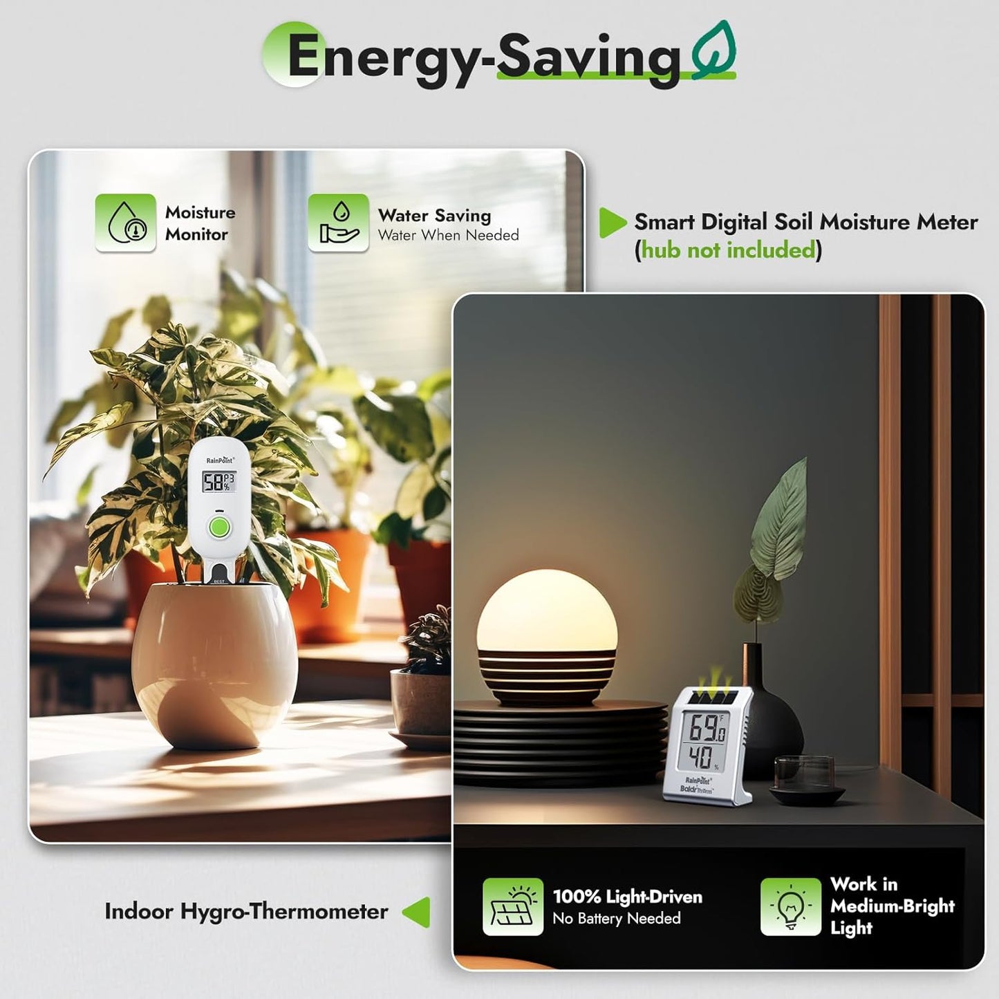 RAINPOINT Light-Driven Thermo-Hygrometer & Smart Digital Wireless Soil Moisture Meter (WiFi Hub Needed) Kit, Real-time Monitor Sensor Gardening Plant Care Essentials