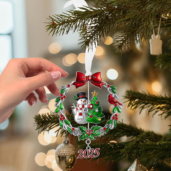 2025 Snowman Christmas Tree Ornament Metal Silver Hanging Rotatable Design Charm Holiday Decorative Pendant Gift Keepsake (Bow)