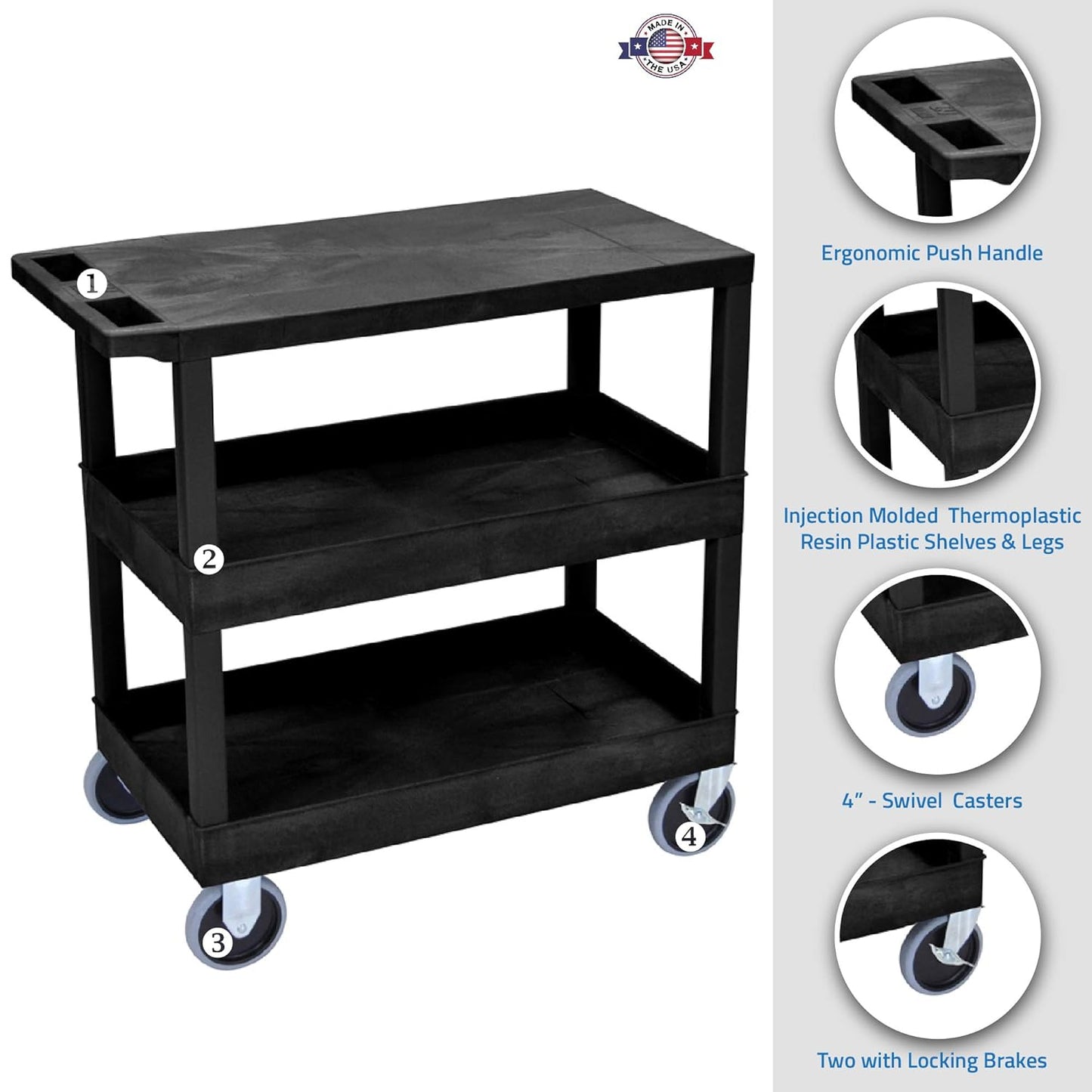 LUXOR EC211HD-B 32" x 18" Cart - Two Tub/One Flat Shelves