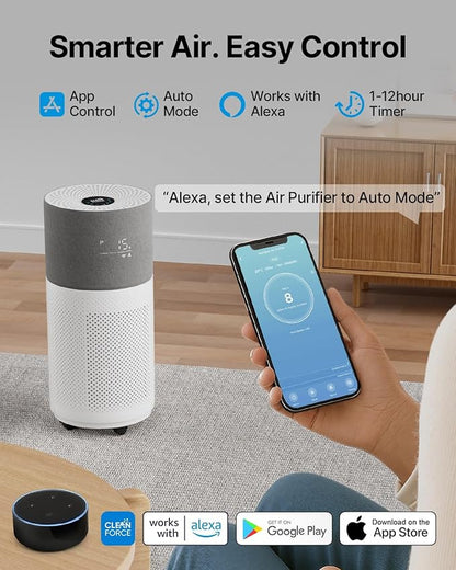 CleanForce Air Purifier for Home Large Room up to 2550 ft², Swiss Sanitized HEPA & Carbon Filter, asthma & allergy friendly Certified for Dust/Pollen/Pet Dander, Alexa/App Control, Ozone-Free, Rainbow