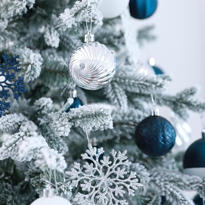 Christmas Tree Ornaments Decorations Set-116ct 1.18-6.5 Inch Assorted Silver Blue Shatterproof Decorative Hanging Christmas Ball Ornaments Bulk,Xmas Tree Tabletop Decorations for Holiday Decor