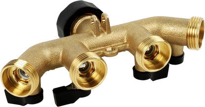 4 Way Brass Hose Splitter, 3/4" Brass Hose Faucet Manifold, Garden Hose Adapter Connector