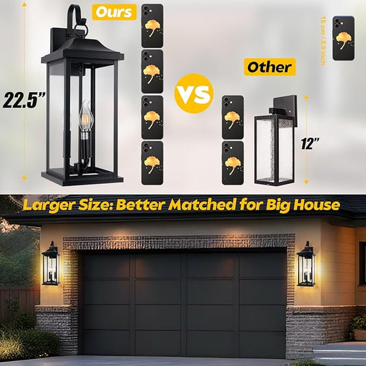 23” Extra Large 3-Light Outdoor Light Fixture 1-Pack, IP65 Waterproof Exterior Light Fixture with Clear Tempered Glass Modern Outside Wall Mount Lamp Matte Black Front Porch Lantern, E12