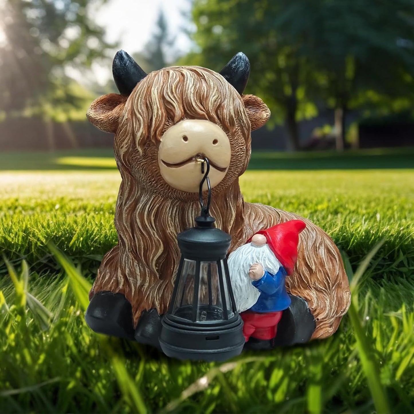 Highland Cow Gnome Solar Statues Decor - Garden Gnomes Statues Highland Cattle Mouth with Lights, Outdoor Ornaments Funny Decoration for Yard, Patio, Unique Gifts Birthday for Women, Mother Day