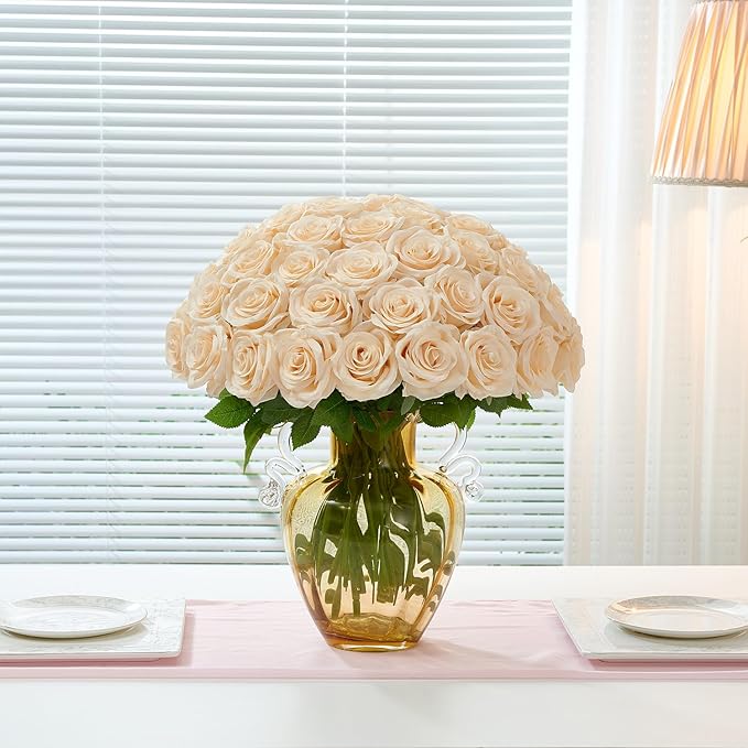 50Pcs Champagne Roses Artificial Flowers Artificial Silk Roses Bulk,Fake Roses Flower with Stems Realistic Flowers for Wedding Centerpiece Home Party Decor