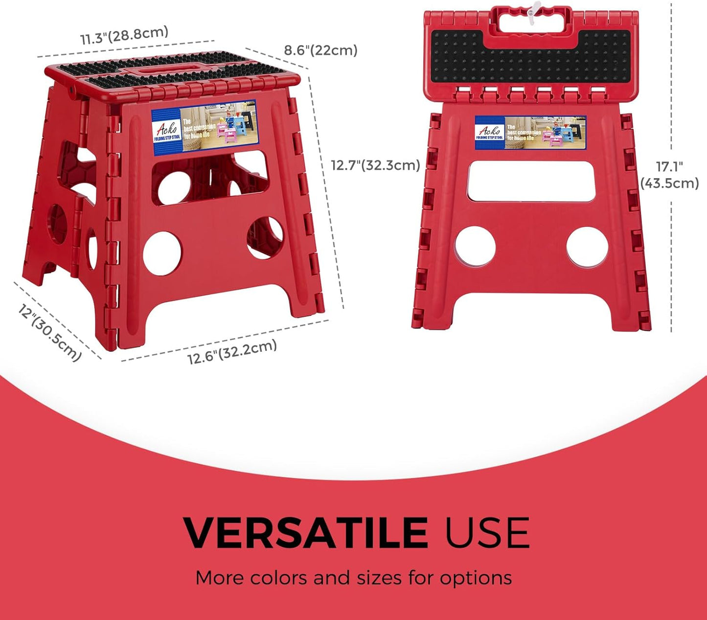 ACKO Folding Step Stool - 13" Height Premium Heavy Duty Foldable Stool for Kids and Adults, Kitchen Garden Bathroom Stepping Stool (1 Pack) Dot Red