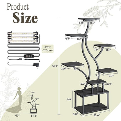 PRAISUN 51.3 Inch Plant Stand with Grow Light, 6 Tiered Indoor Plant Shelf with Larger Flower Holder, Pine-Shaped Stand, 3 Light Modes, Open Base, Corner Plant Rack for Living Room, Black