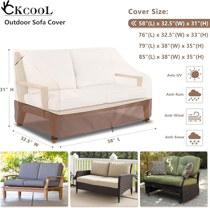okcool Heavy Duty Patio Sofa Cover, 100% Waterproof 2-Seater Outdoor Sofa Cover Fits up to 58W x 32.5D x 31H Inches, Lawn Patio Furniture Covers,Beige & Brown