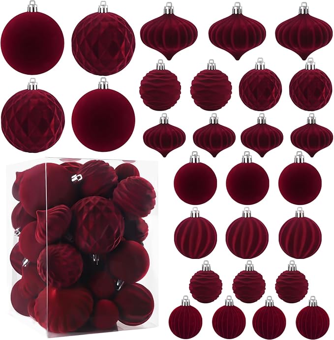 28PCS Velvet Christmas Balls Ornaments, Flocked Shatterproof Burgundy Xmas Tree Hanging Decoration Plastic Ball Set Bulk Ornament for Winter Trees Holiday Party Home Wreath Decor