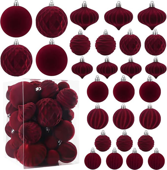 28PCS Velvet Christmas Balls Ornaments, Flocked Shatterproof Burgundy Xmas Tree Hanging Decoration Plastic Ball Set Bulk Ornament for Winter Trees Holiday Party Home Wreath Decor