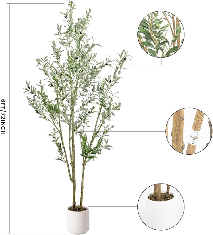 Artificial Fake Olive Tree 6FT Tall 1Pack with White Planter Faux Silk Olive Tree for Home Living Room Office Decor Faux Artificial Plants Indoor with Fruit & Free Moss