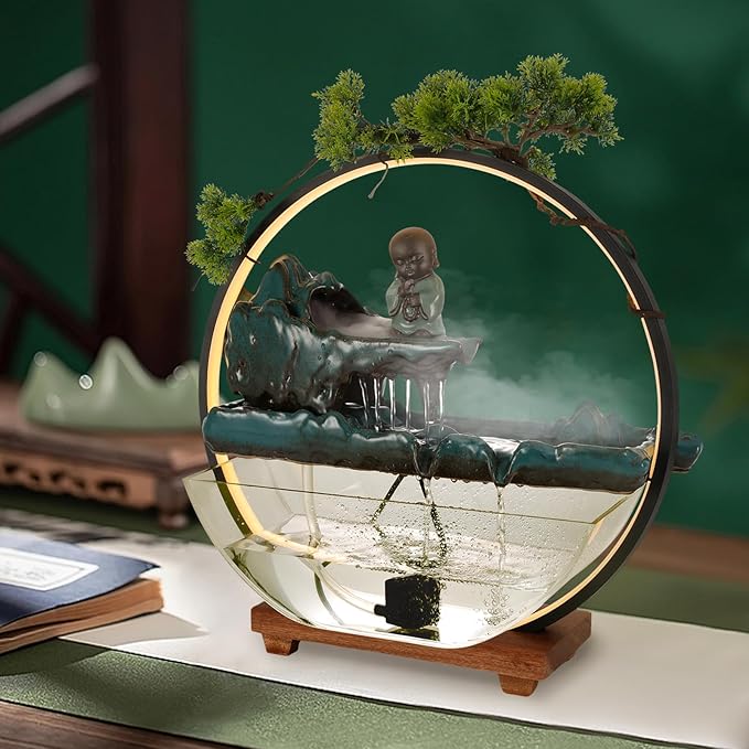 Backflow Incense Holder with Water Fountains and LED Light Indoor Water Fountains Tabletop Waterfall Fountains Desk Fountain for Feng Shui Wealth Boom with Mist for Home Office Bedroom (A)