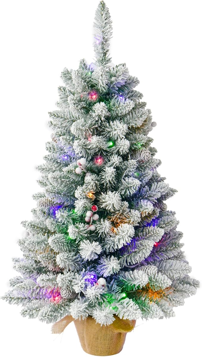 3FT Pre-lit Artificial Small Mini Christmas Tree with Warm White Multi-Color LED Lights, Remote Control and Timer, Perfect for Xmas Tabletop Decorations, Home, Kitchen, Dining Table top Snow