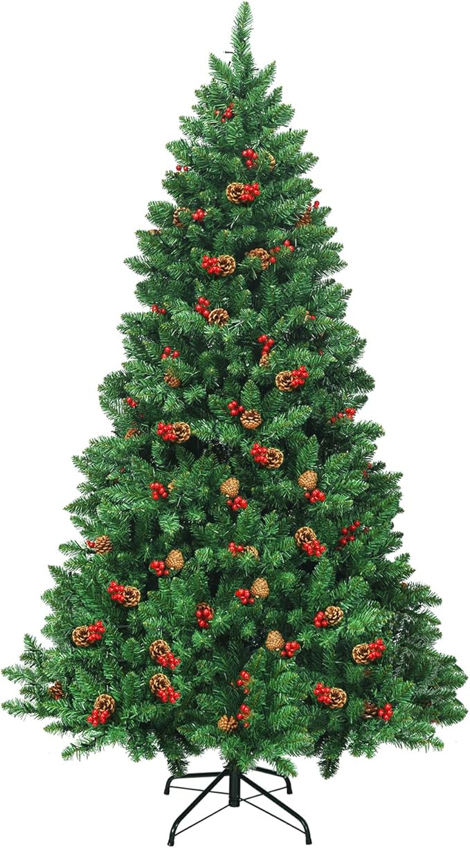 Happygrill 6.5FT Pre-Lit Christmas Tree with Sturdy Metal Stand Artificial Xmas Tree with Pine Cones and Red Berries