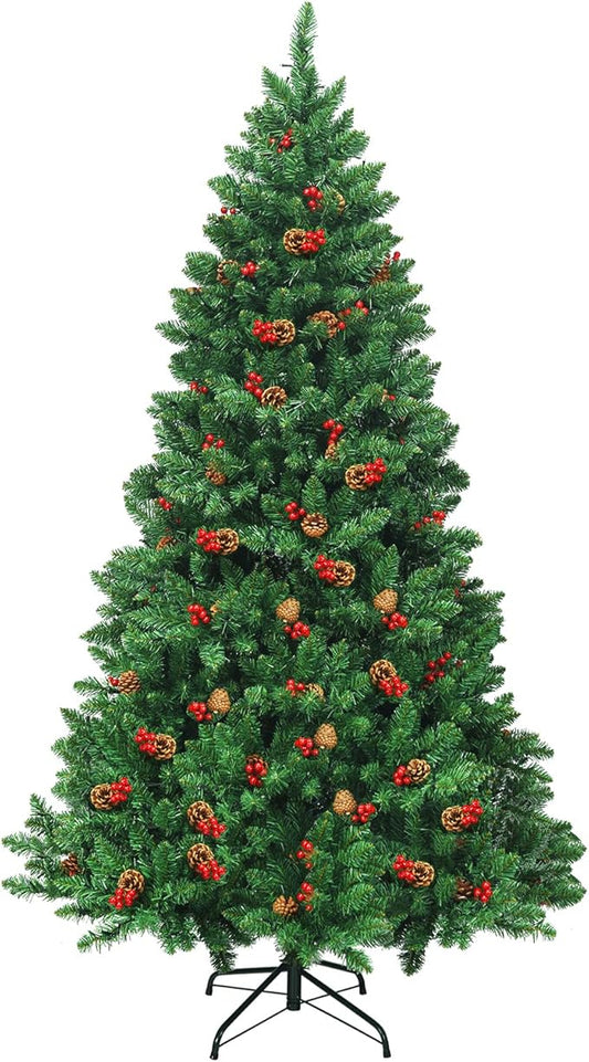 Happygrill 6.5FT Pre-Lit Christmas Tree with Sturdy Metal Stand Artificial Xmas Tree with Pine Cones and Red Berries