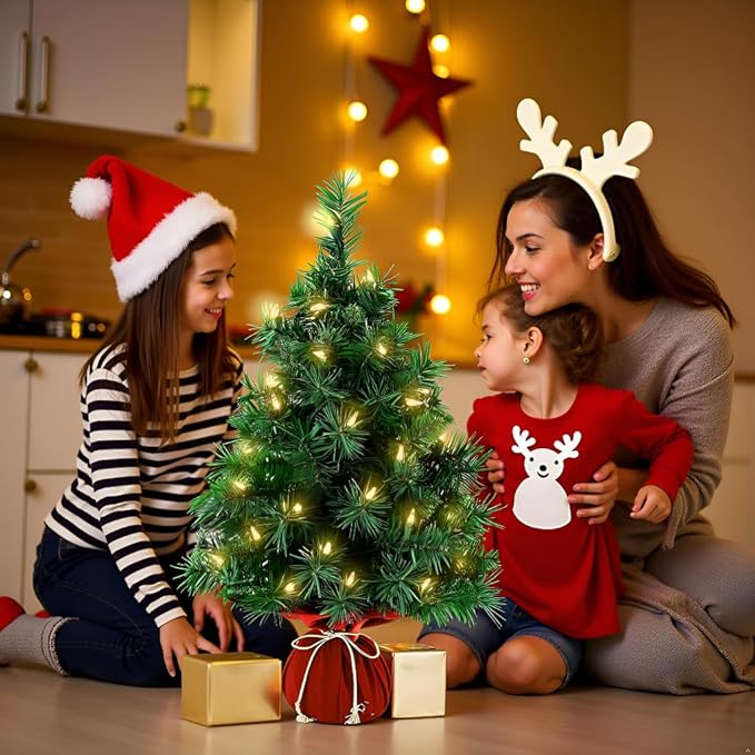 Tabletop Mini Christmas Tree 22 Inch - Mini Artificial Christmas Tree with 35 Warm White Lights, 75 Branch Tips & Red Cloth Bag Base, Perfect DIY Christmas Decorations, Green