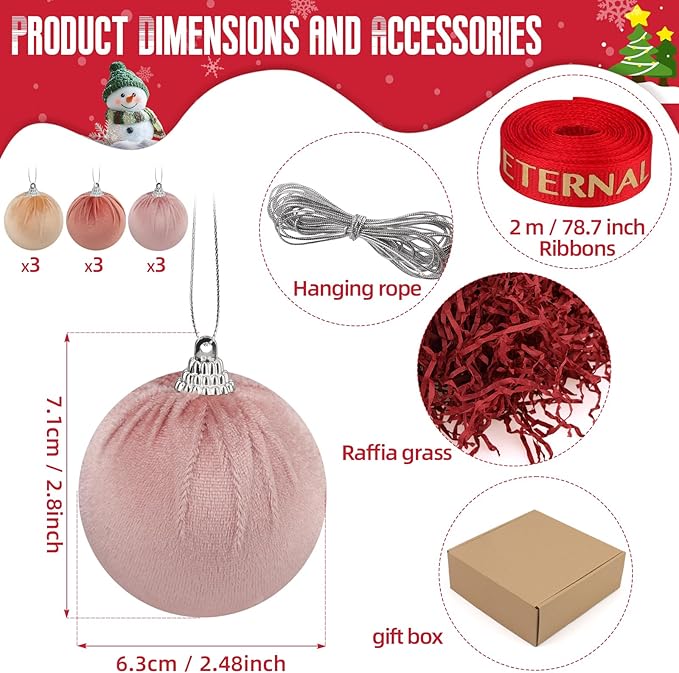 Woration 9pcs Velvet Fabric Christmas Decoration Balls 2.36inch Xmas Hanging Ornaments Assorted Light Color Balls for Garlands Tree Wedding Party