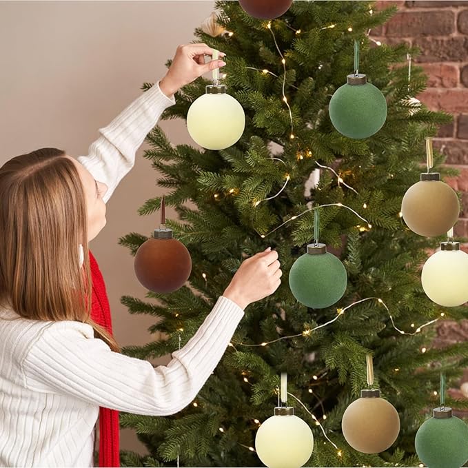 12 Pcs Velvet Christmas Balls Bulk Shatterproof Plastic Christmas Tree Decorations for Decorative Hanging Baubles (12, Brown、Green、Beige、Khaki, 3.94Inch)