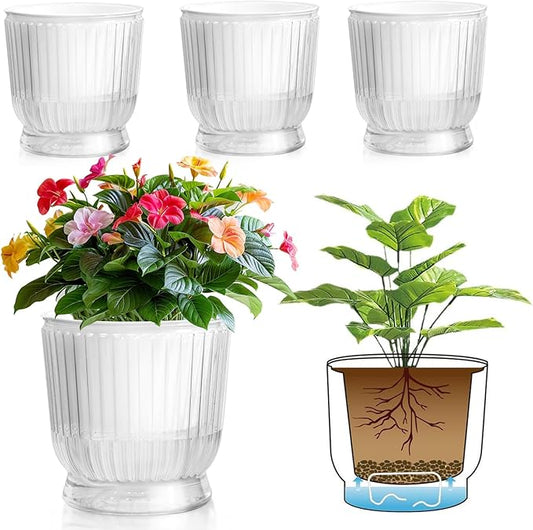 T4U 6 Inch Self Watering Pots for Indoor Plants, 4 Pack Self Watering Planter, Self Watering Pot with Reservoir, Clear Self Watering Pots for Indoor Plants, African Violets (4 Pack, 6", Clear)